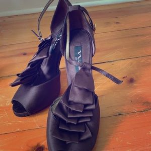 NINA chocolate brown satin 3” heels worn once